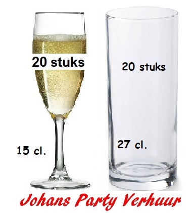 20 champagne glazen 15 cl.  + 20 longdrinkglazen 27 cl.